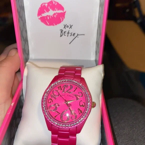 Betsey Johnson New Hot Pink Watch NEW BETSEY JOHNSON HOT PINK PATENT, GOLD TONE MOVING  main image 4